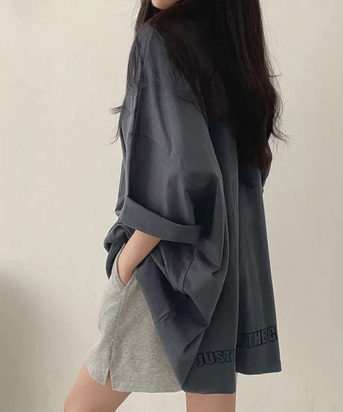 ロゴTシャツ ゆったり プルオーバー夏服 ロングtシャツ オーバーサイズ 英文字ロゴ 半袖Tシャツ 着やせ カットソー ビッグtシャツ大人カジュアル クルーネック 89EKDZ-003